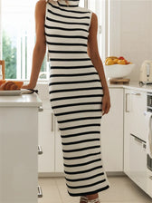 Women Summer Knitted Striped Print Sleeveless High Neck Split Slim Fit Party Tank Streetwear