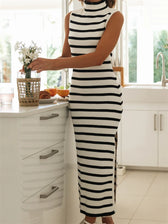Women Summer Knitted Striped Print Sleeveless High Neck Split Slim Fit Party Tank Streetwear