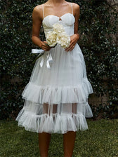 Women Summer Solid Color Sleeveless Strap Summer Layered Tulle Ruffles Backless Party Vestidos