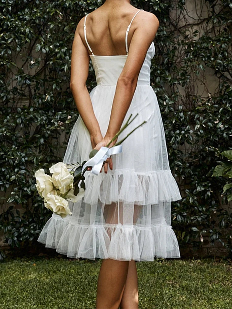 Women Summer Solid Color Sleeveless Strap Summer Layered Tulle Ruffles Backless Party Vestidos