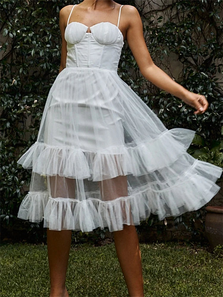 Tulle Overlay Corset Bustier Spaghetti Strap Tiered Ruffle Midi Dress