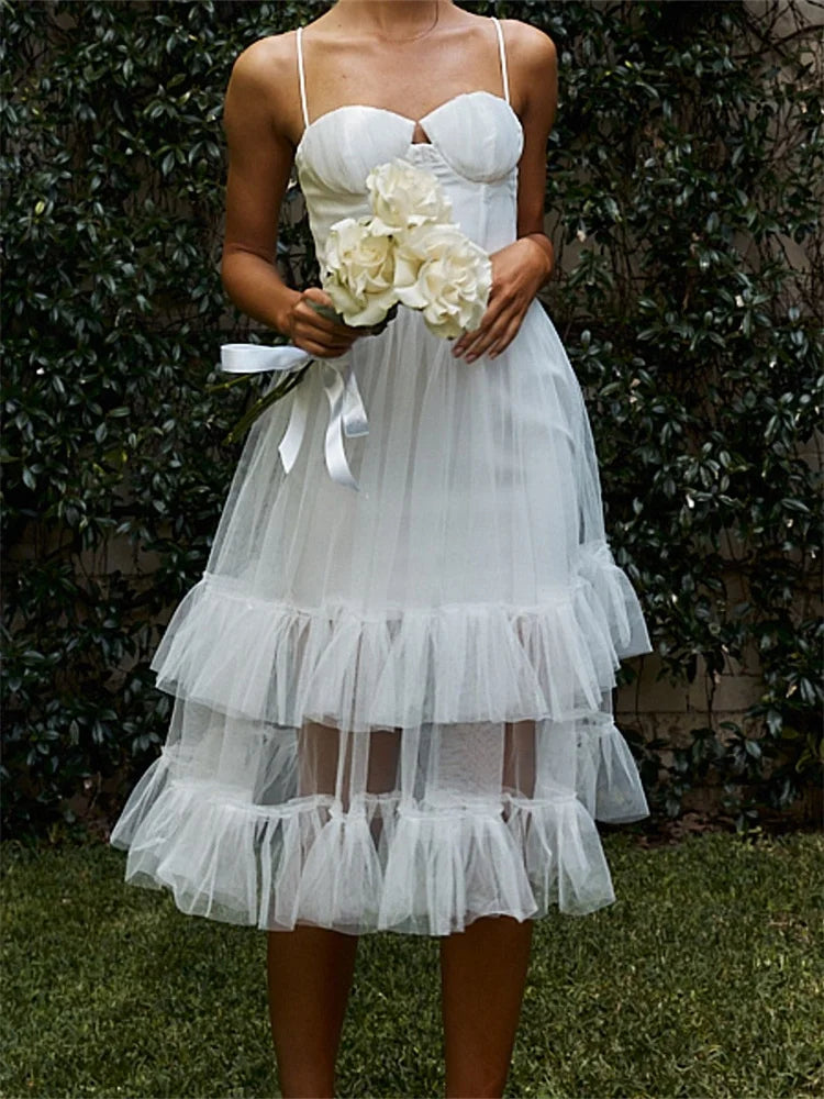 Tulle Overlay Corset Bustier Spaghetti Strap Tiered Ruffle Midi Dress 4