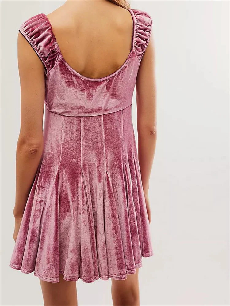 Velvet V-Neck Ruched Cap Sleeve Empire Waist Flared Mini Dress 5