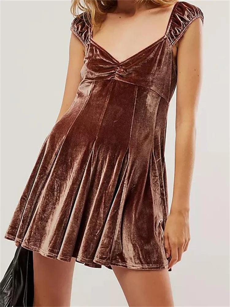 Velvet V-Neck Ruched Cap Sleeve Empire Waist Flared Mini Dress 6