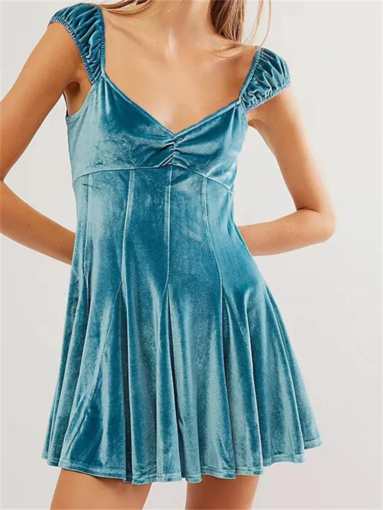 Velvet V-Neck Ruched Cap Sleeve Empire Waist Flared Mini Dress 2