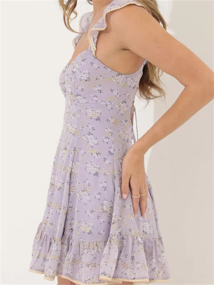 Vintage Floral Print Crisscross Tieup Mini Dresses
