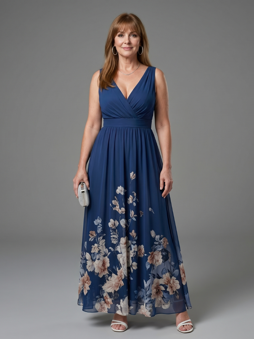 V-Neck Sleeveless Floral Hem Chiffon Maxi Dress