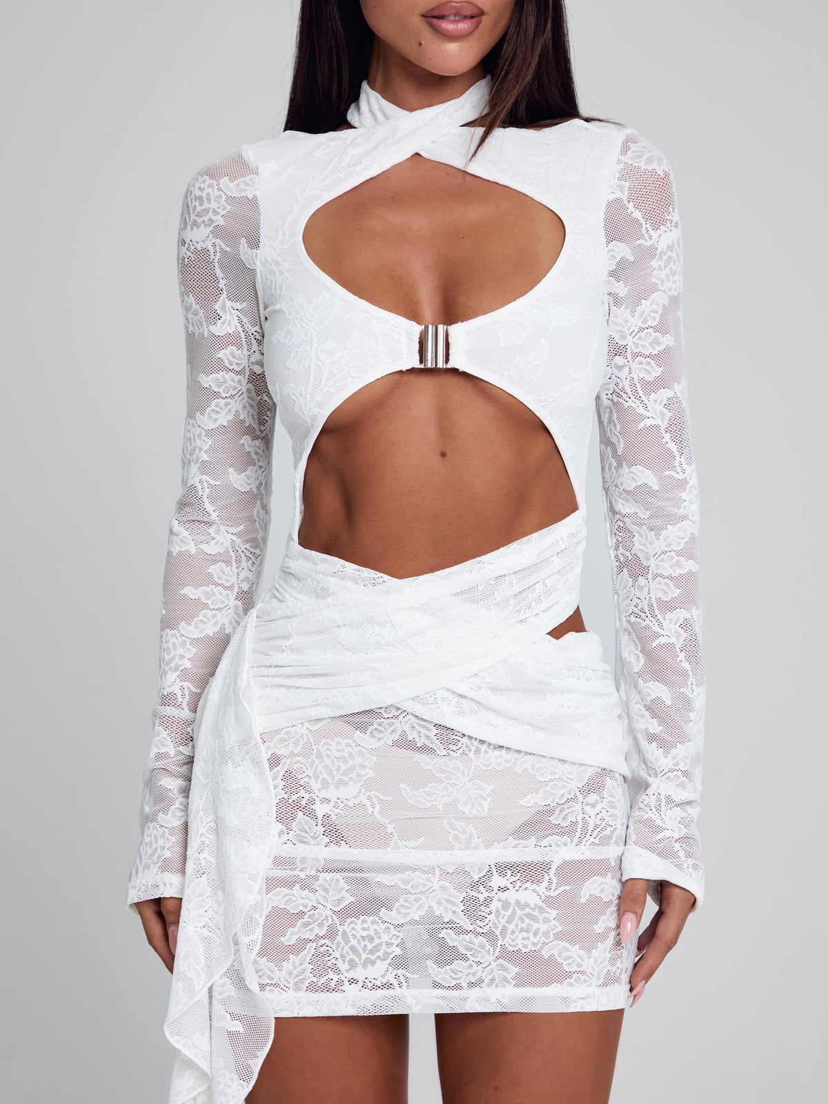 Lace Cut Out Buckle Front Long Sleeve Wrap Mini Dress 6