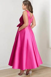 Satin V-Neck Sleeveless Bow Waist A-Line Maxi Dress 3