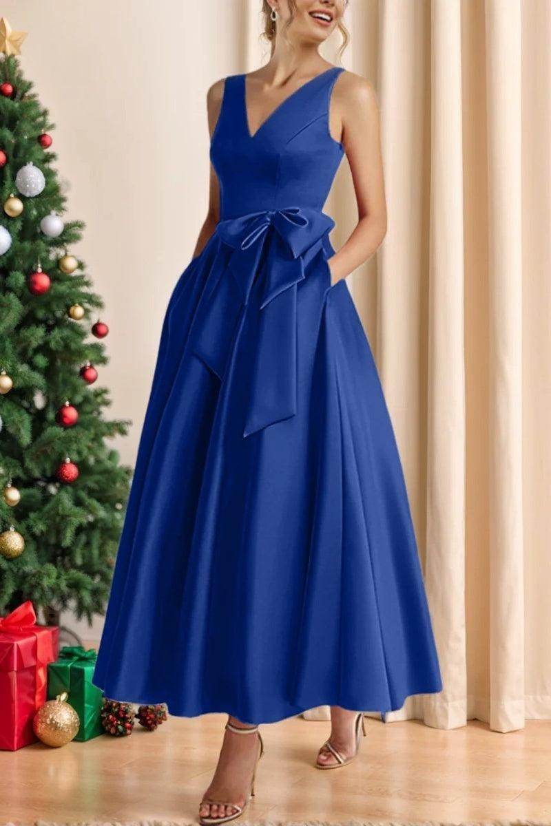 Satin V-Neck Sleeveless Bow Waist A-Line Maxi Dress