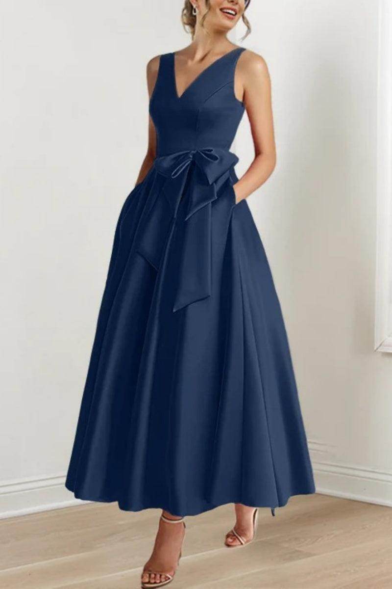Satin V-Neck Sleeveless Bow Waist A-Line Maxi Dress