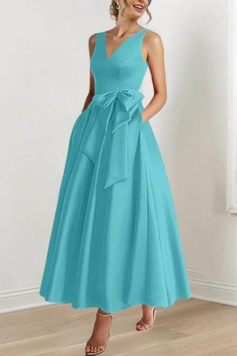 Satin V-Neck Sleeveless Bow Waist A-Line Maxi Dress 57