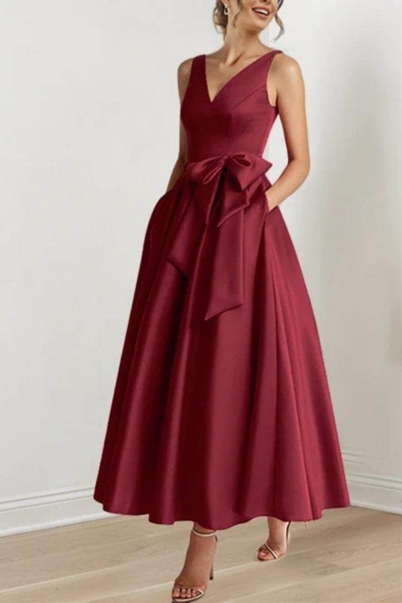 Satin V-Neck Sleeveless Bow Waist A-Line Maxi Dress 56