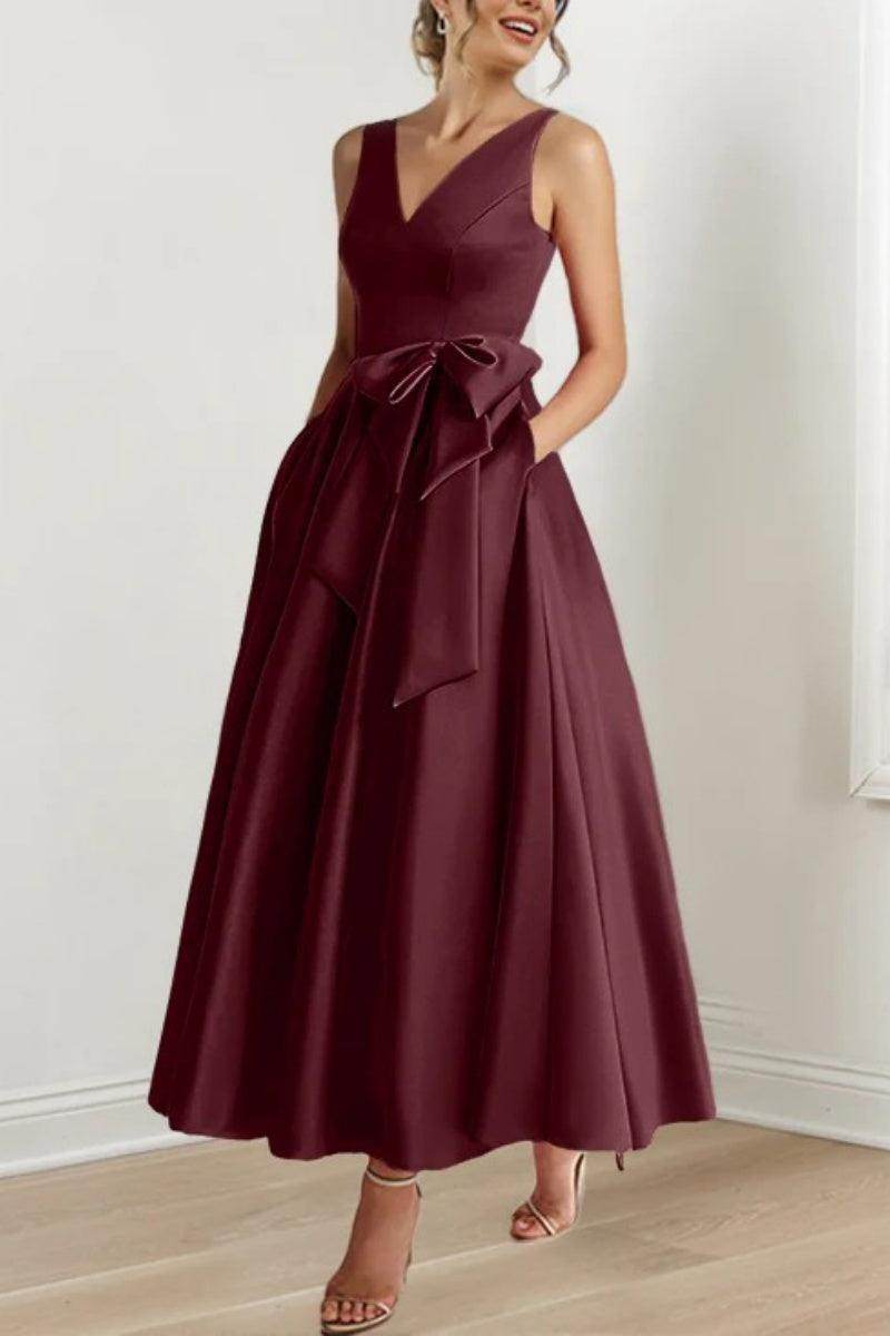 Satin V-Neck Sleeveless Bow Waist A-Line Maxi Dress 55