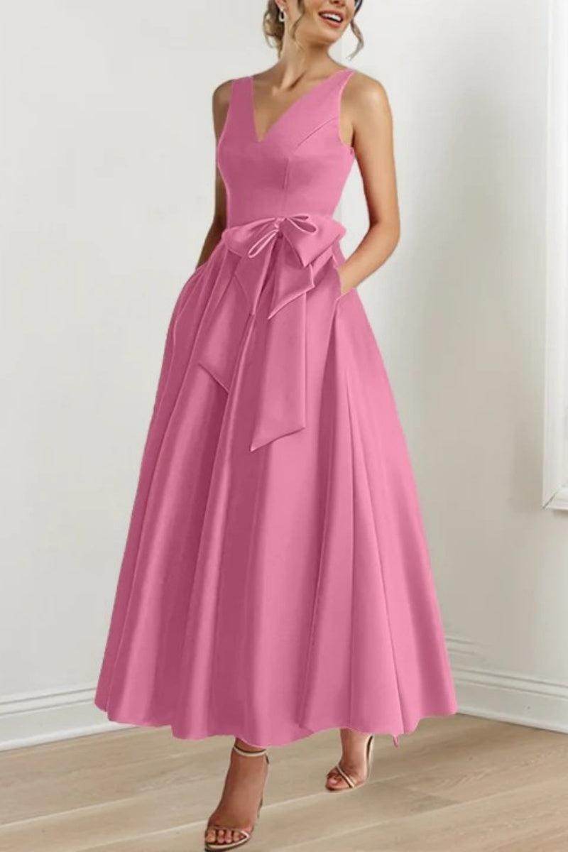 Satin V-Neck Sleeveless Bow Waist A-Line Maxi Dress 54