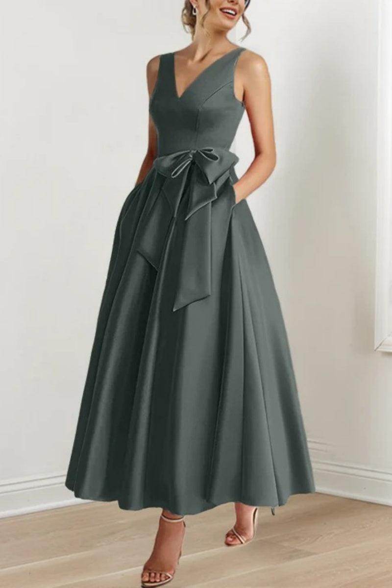 Satin V-Neck Sleeveless Bow Waist A-Line Maxi Dress 46