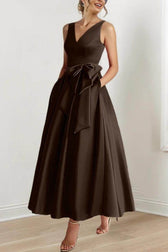Satin V-Neck Sleeveless Bow Waist A-Line Maxi Dress 47