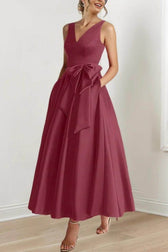 Satin V-Neck Sleeveless Bow Waist A-Line Maxi Dress 48