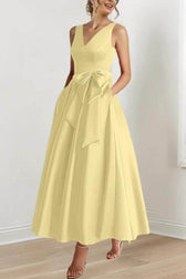 Satin V-Neck Sleeveless Bow Waist A-Line Maxi Dress 50