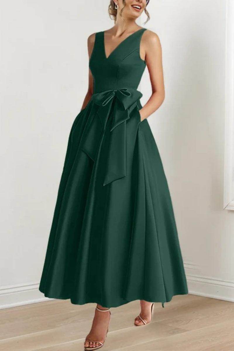 Satin V-Neck Sleeveless Bow Waist A-Line Maxi Dress 51