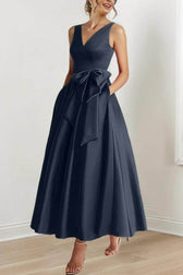 Satin V-Neck Sleeveless Bow Waist A-Line Maxi Dress 45