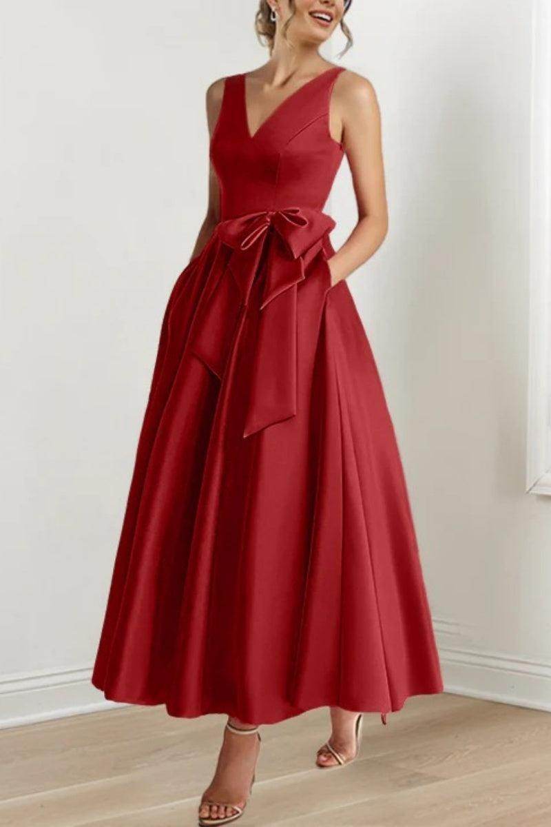 Satin V-Neck Sleeveless Bow Waist A-Line Maxi Dress 44