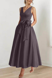 Satin V-Neck Sleeveless Bow Waist A-Line Maxi Dress 42