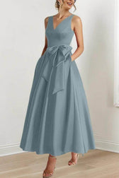 Satin V-Neck Sleeveless Bow Waist A-Line Maxi Dress 41