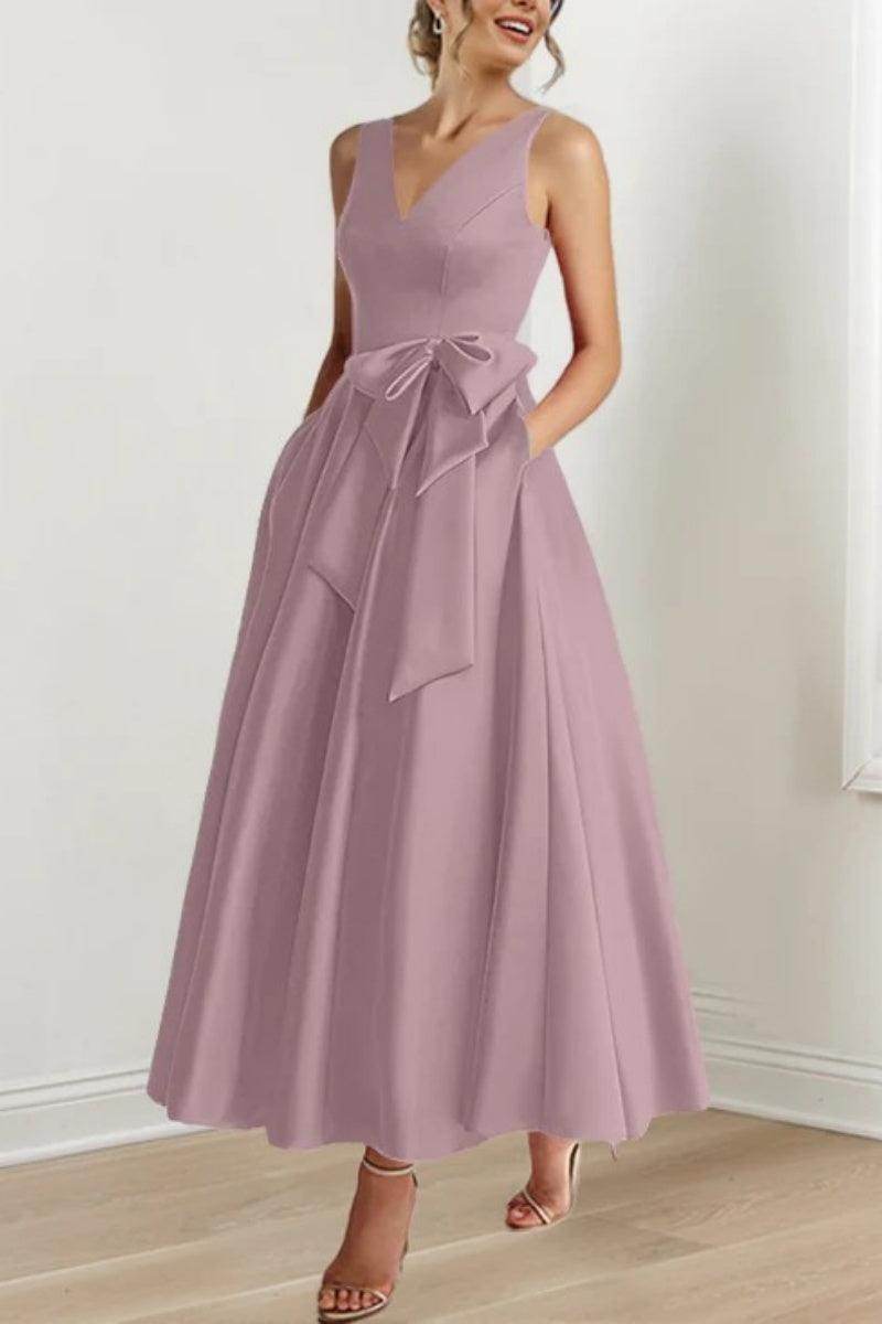 Satin V-Neck Sleeveless Bow Waist A-Line Maxi Dress 40