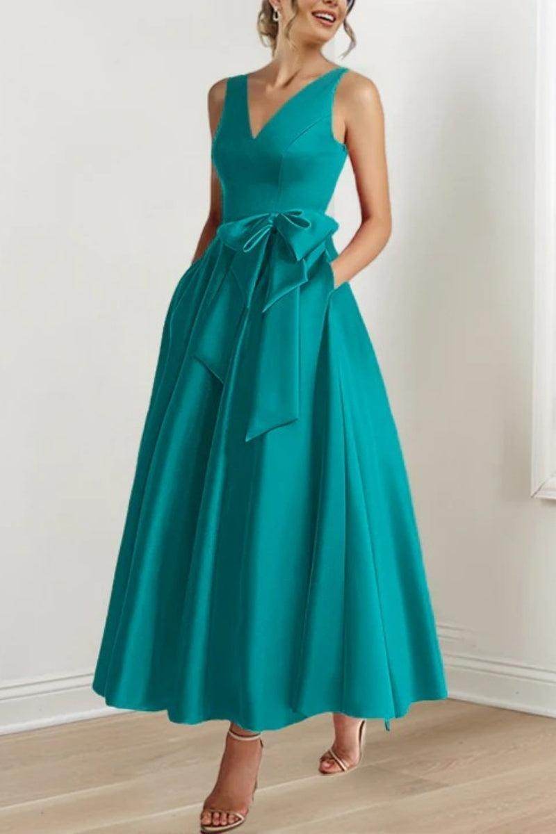 Satin V-Neck Sleeveless Bow Waist A-Line Maxi Dress 34