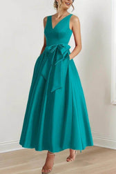 Satin V-Neck Sleeveless Bow Waist A-Line Maxi Dress 34