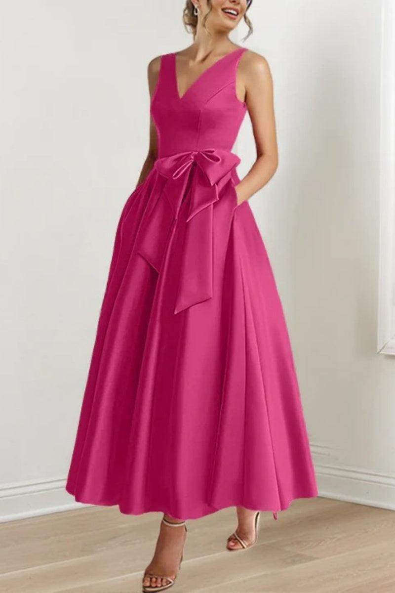 Satin V-Neck Sleeveless Bow Waist A-Line Maxi Dress 35