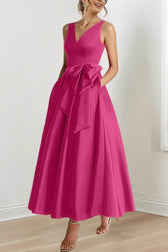 Satin V-Neck Sleeveless Bow Waist A-Line Maxi Dress 35