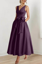 Satin V-Neck Sleeveless Bow Waist A-Line Maxi Dress 37
