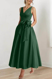 Satin V-Neck Sleeveless Bow Waist A-Line Maxi Dress 38