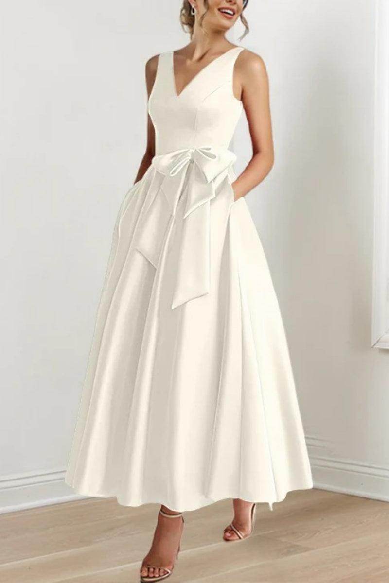 Satin V-Neck Sleeveless Bow Waist A-Line Maxi Dress 33