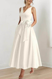 Satin V-Neck Sleeveless Bow Waist A-Line Maxi Dress 33
