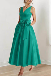 Satin V-Neck Sleeveless Bow Waist A-Line Maxi Dress 32