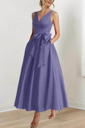 Satin V-Neck Sleeveless Bow Waist A-Line Maxi Dress 31