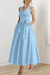 Satin V-Neck Sleeveless Bow Waist A-Line Maxi Dress 30