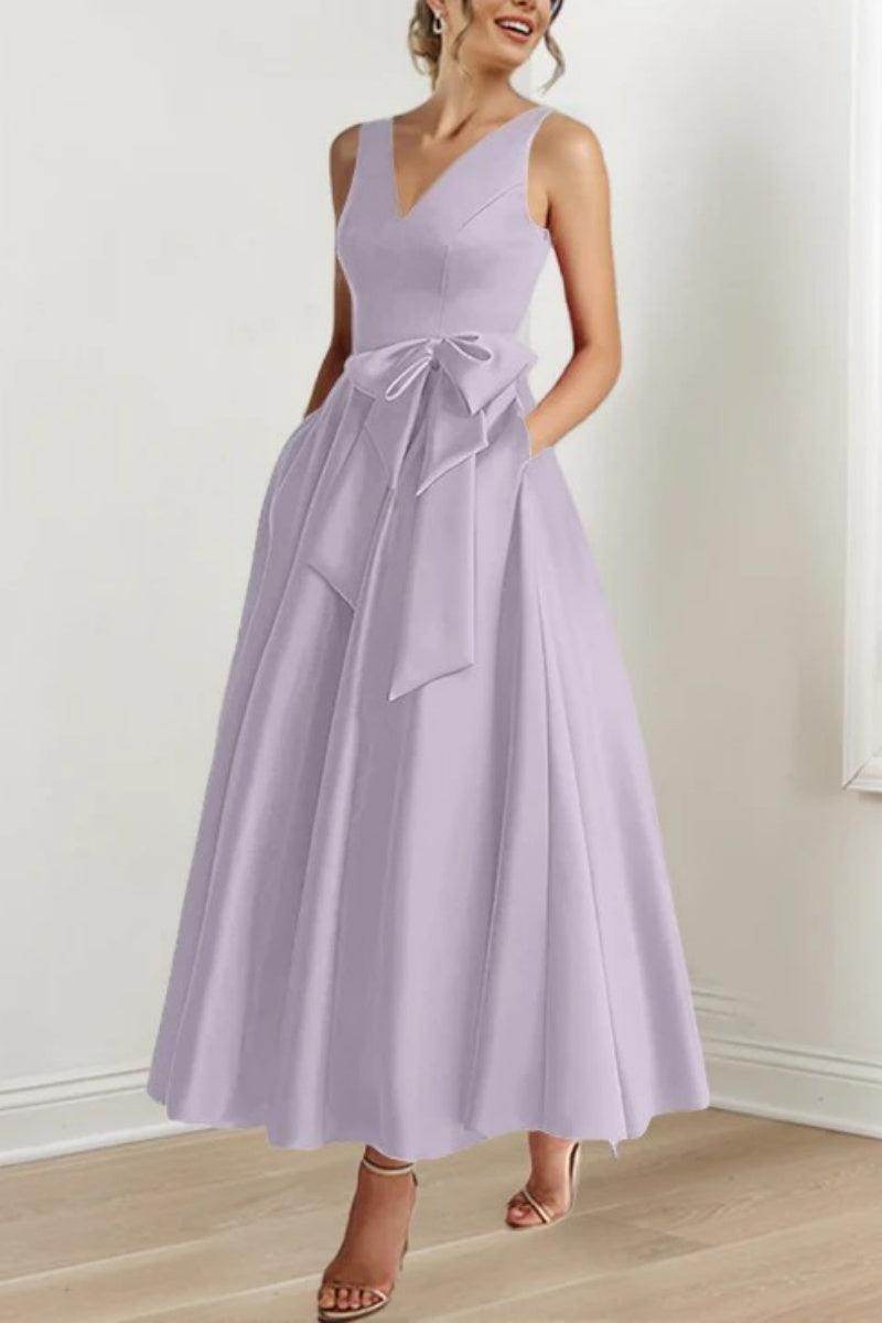 Satin V-Neck Sleeveless Bow Waist A-Line Maxi Dress 29