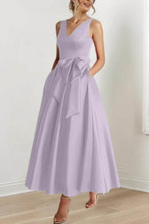 Satin V-Neck Sleeveless Bow Waist A-Line Maxi Dress 29