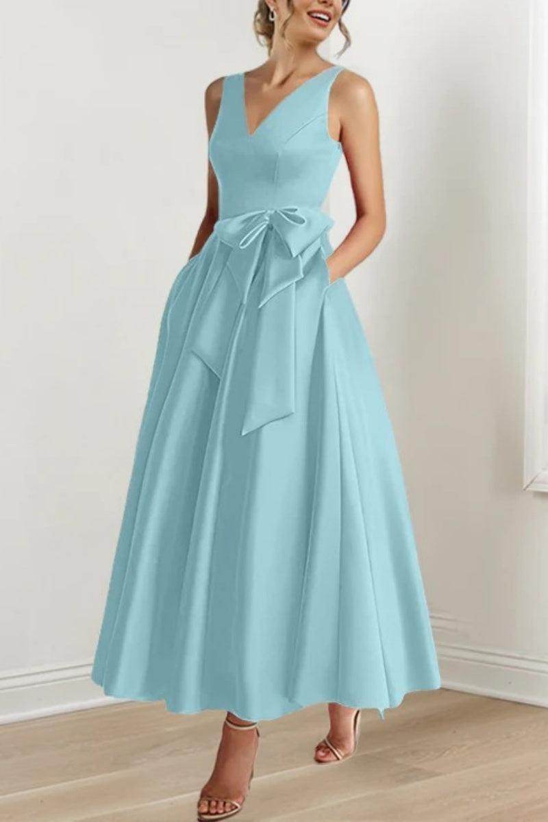 Satin V-Neck Sleeveless Bow Waist A-Line Maxi Dress 28