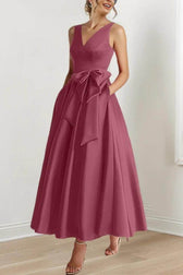 Satin V-Neck Sleeveless Bow Waist A-Line Maxi Dress 22