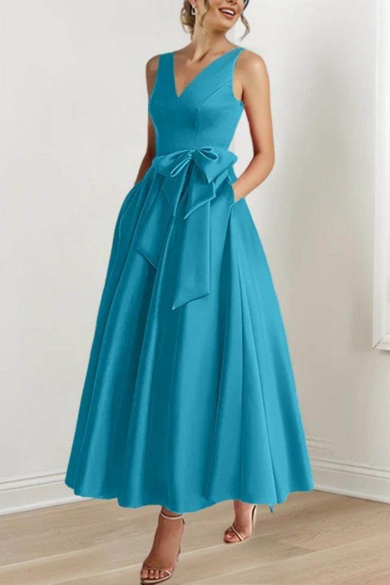 Satin V-Neck Sleeveless Bow Waist A-Line Maxi Dress 23