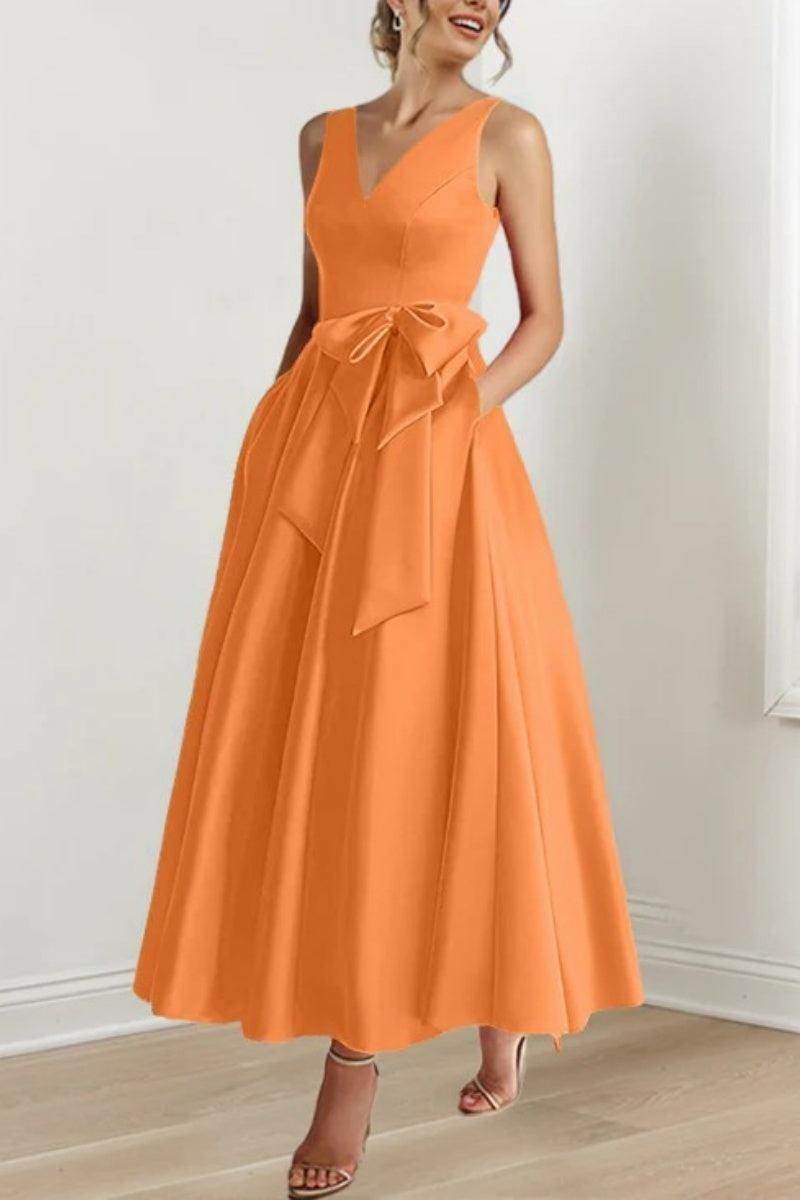 Satin V-Neck Sleeveless Bow Waist A-Line Maxi Dress 24