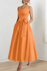 Satin V-Neck Sleeveless Bow Waist A-Line Maxi Dress 24
