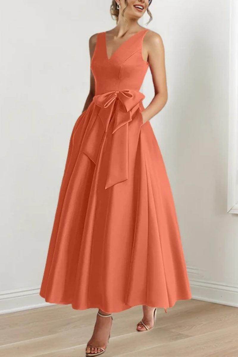 Satin V-Neck Sleeveless Bow Waist A-Line Maxi Dress 26