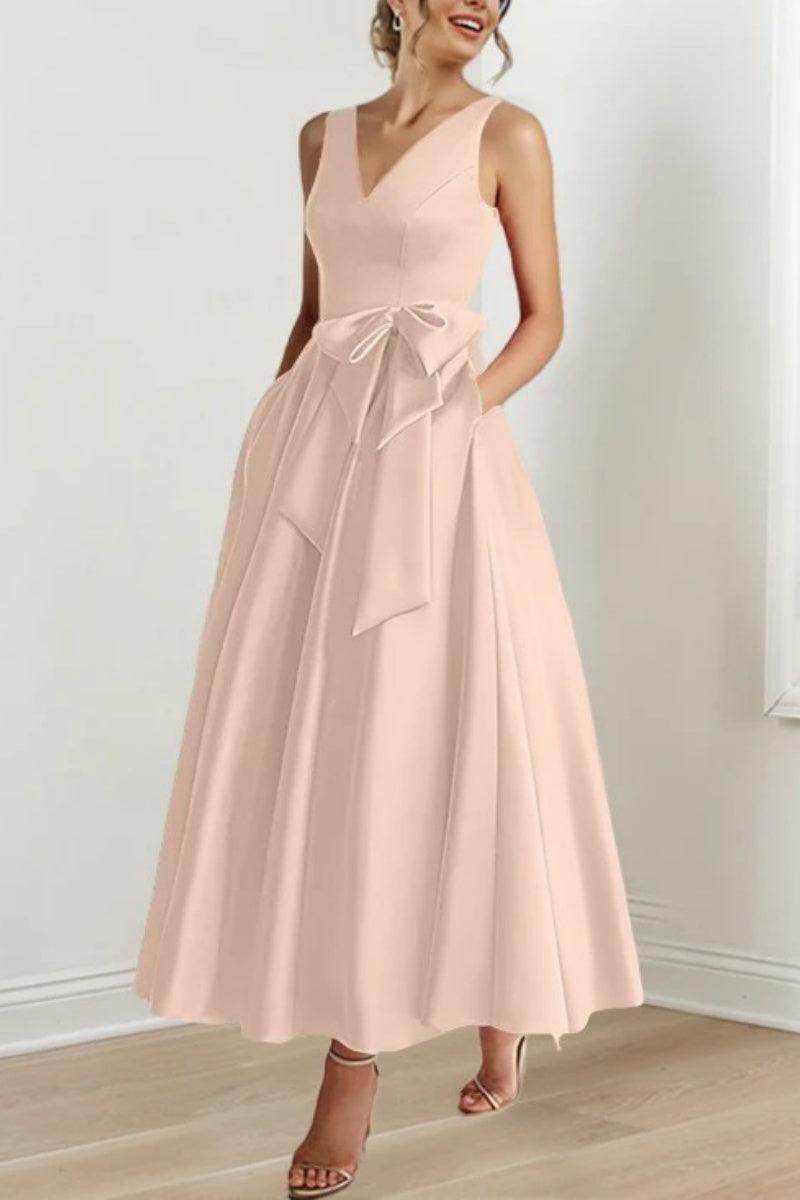 Satin V-Neck Sleeveless Bow Waist A-Line Maxi Dress 27