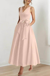 Satin V-Neck Sleeveless Bow Waist A-Line Maxi Dress 27